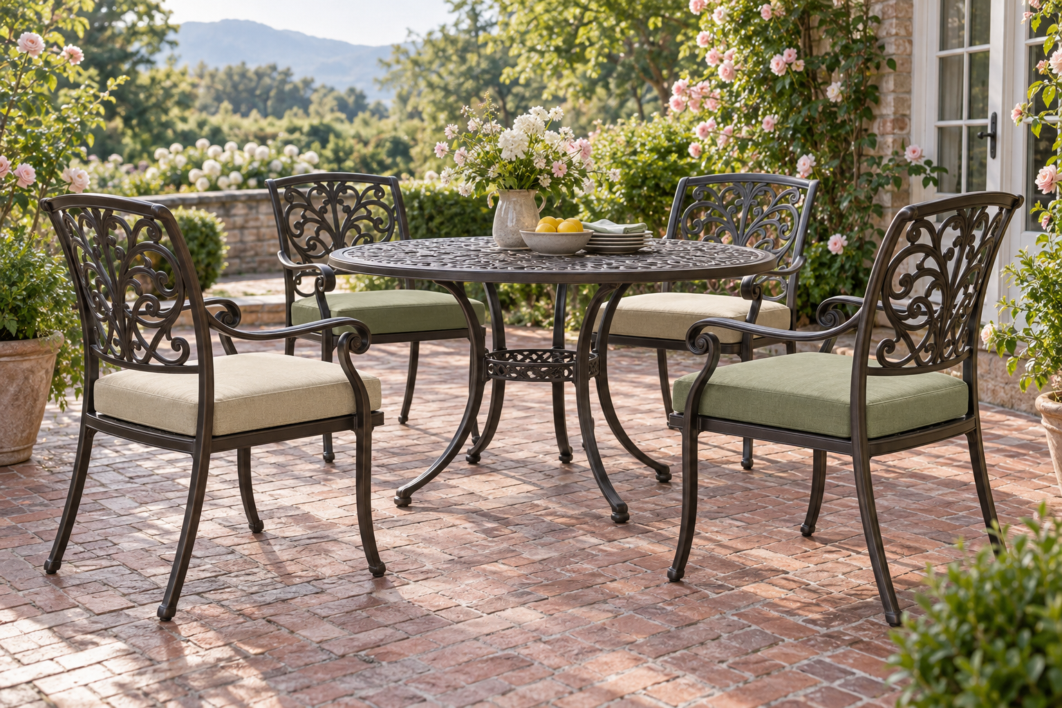 Woodard Cortland scroll-arm dining rebuild with new cushions