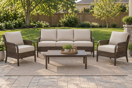 Allenwood replacement cushions - Backyard Creations style deep seating set with new firm oatmeal cushions