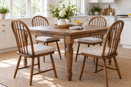 Replacement chair cushions - four wooden dining chairs with new firm oatmeal seat cushions in a bright kitchen