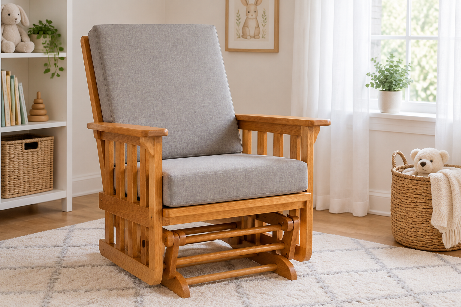 p0c-dutailier-hero Dutailier Grand replacement cushions - oversized wooden glider with new firm gray seat and back cushions