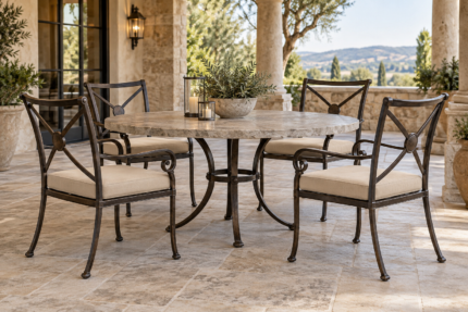 OW Lee Cibolo replacement cushions - hand-forged metal dining armchairs with new firm sand seat cushions