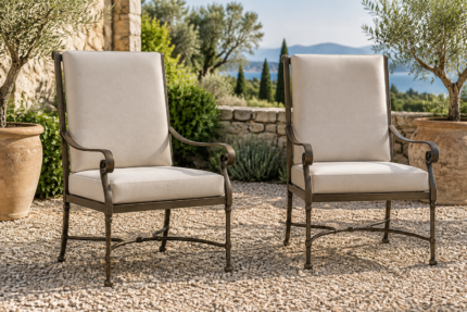 OW Lee Silana replacement cushions - hand-forged high-back armchairs with new ivory and taupe cushions