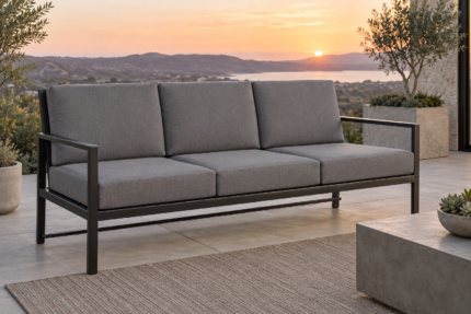 OW Lee Studio replacement cushions - hand-forged metal outdoor sofa with new firm slate gray cushions