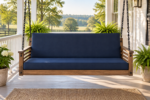 Custom porch swing cushions - wooden swing hanging by chains with new firm navy seat and back cushions