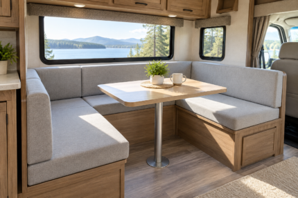 Custom RV dinette cushions - U-shaped camper booth seating with new firm gray seat and back cushions