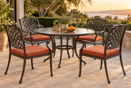 Square outdoor cushions - patio dining chairs fitted with firm square terracotta seat cushions