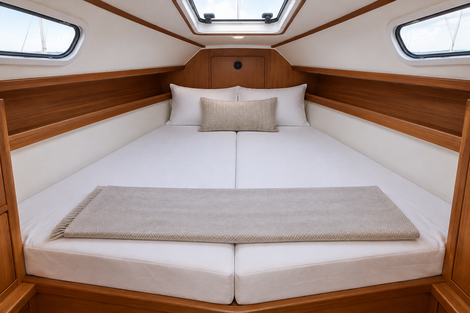 Custom V-berth boat mattress fitted into the tapered bow of a sailboat cabin with white bedding