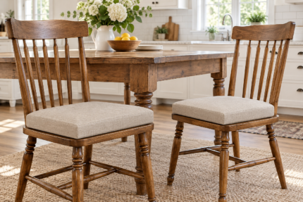 Pair of wooden dining chairs with new firm oatmeal replacement seat cushions at a farmhouse table