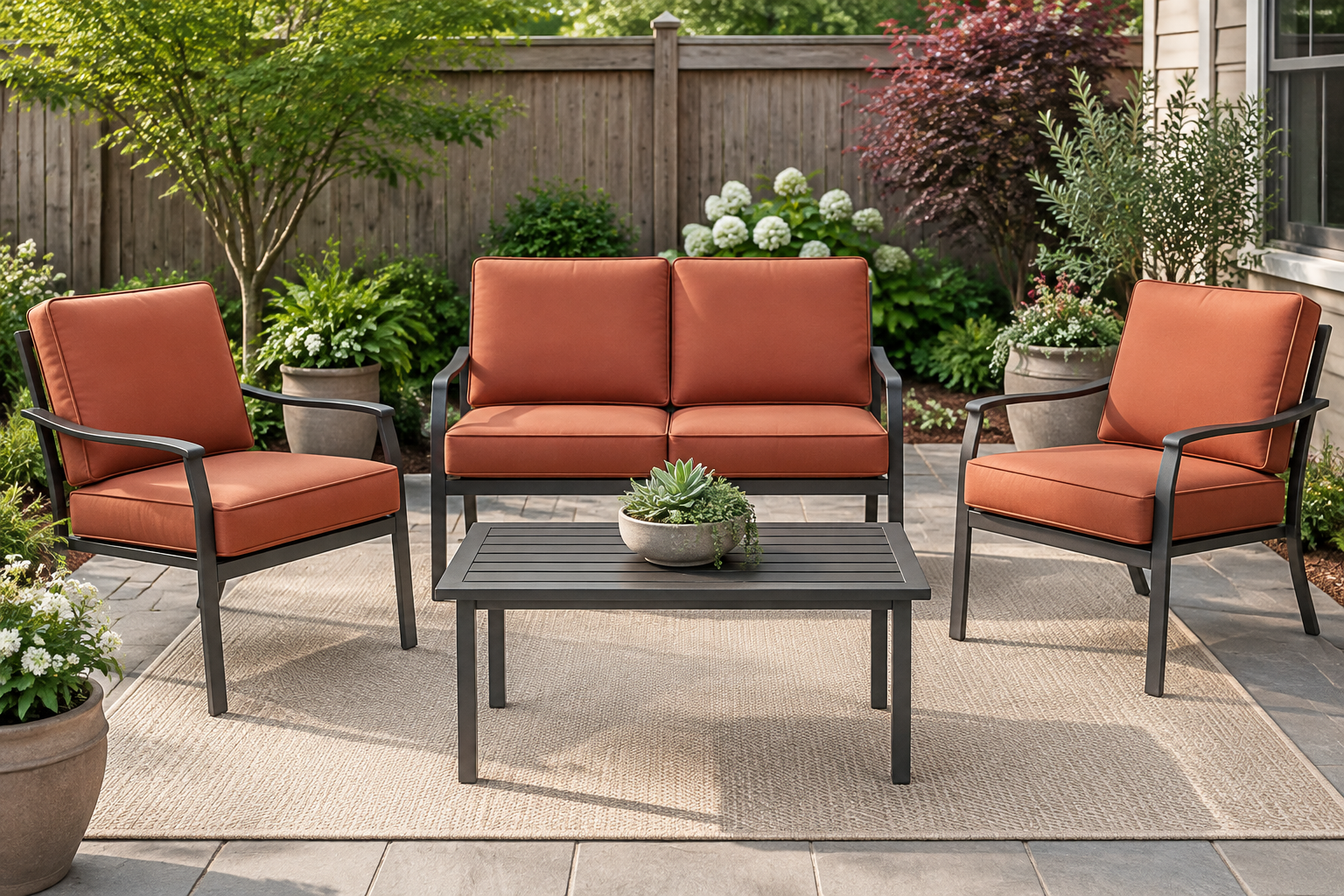 Steel tube-frame patio set refreshed with new firm terracotta replacement cushions in a backyard