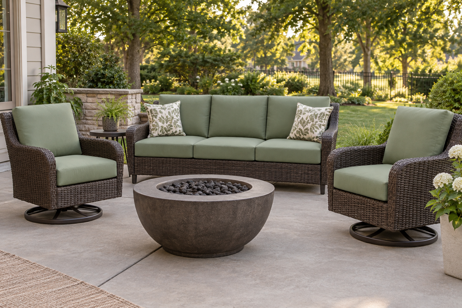 Wicker-over-steel conversation set with new fern green replacement cushions beside an unlit fire bowl