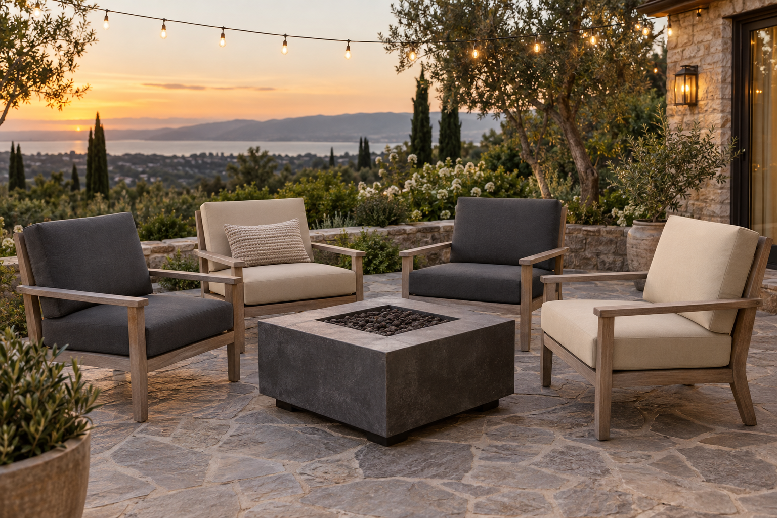 Deep seating armchairs with charcoal and sand cushions arranged around a square fire pit table at dusk