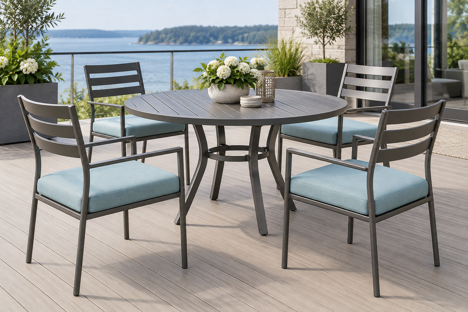 Aluminum tube-frame patio dining set with new spa blue replacement cushions on a contemporary deck