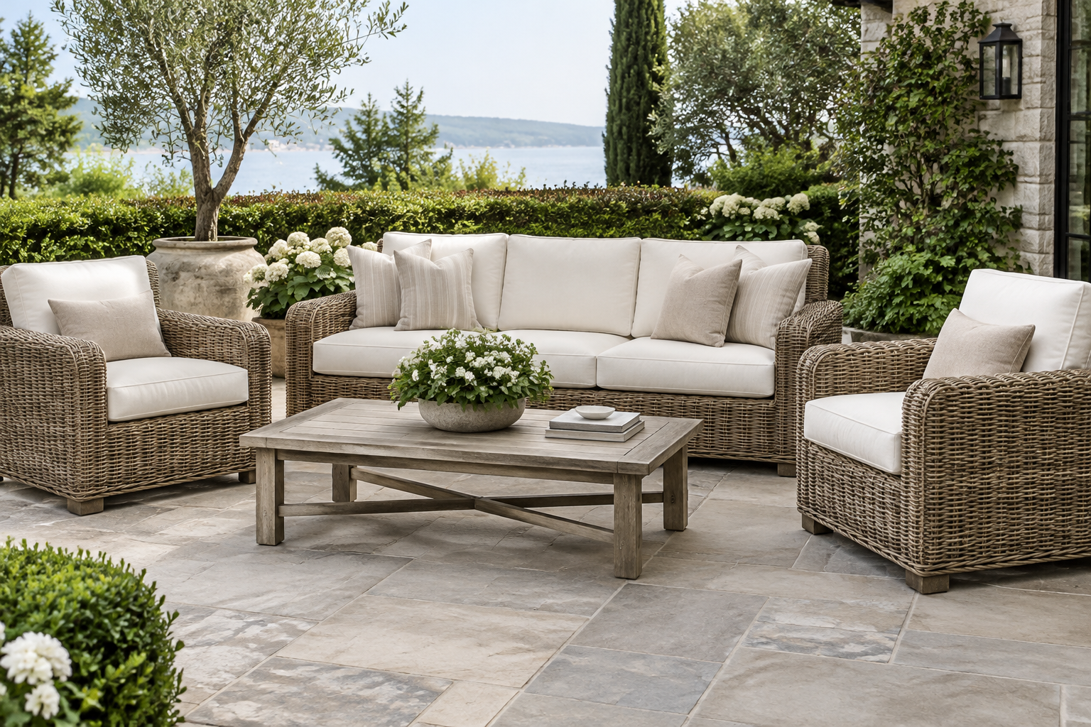 Wicker deep seating refreshed with new ivory and sand replacement cushions on a stone terrace