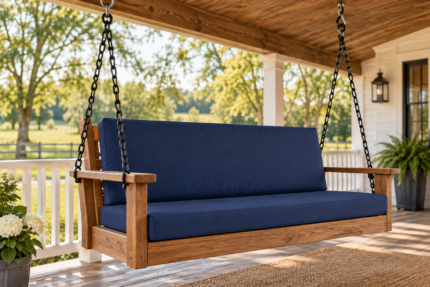 Porch swing cushion set hanging by black steel chains with S-hooks and eye bolts on a farmhouse porch beam