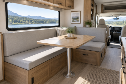 Custom RV dinette cushions - L-shaped camper booth with new firm gray seat and back pads in daylight