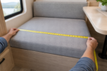 Measuring RV dinette cushion width with a soft cloth tape measure across a flat gray seat pad