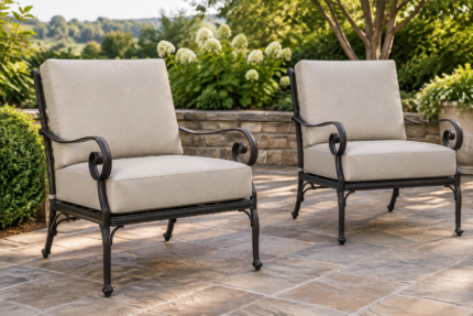 Pair of hand-forged wrought iron scrollwork armchairs with new stone beige replacement cushions