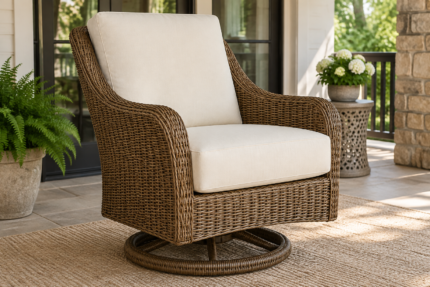 Lloyd Flanders Calypso style woven swivel rocker with a thick ivory curved-front replacement cushion