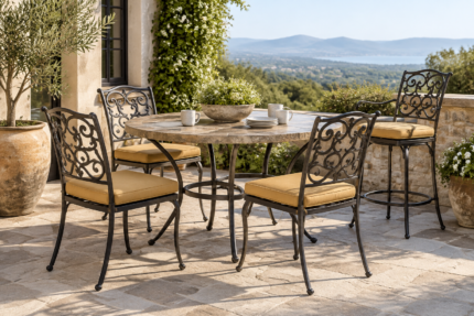 Wrought iron bistro dining chairs and counter stool with slim butterscotch replacement seat pads