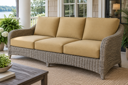 Extra-deep woven wicker sofa with thick muted gold replacement cushions on a covered porch