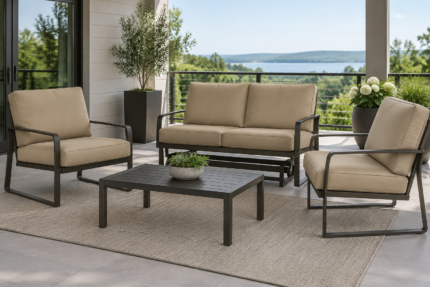 Modern aluminum deep seating and loveseat glider with new camel tan replacement cushions