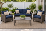 Hampton Bay Laguna style wicker-look patio conversation set with new navy and sand replacement cushions