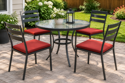 Budget steel dining set refreshed with thin brick red replacement seat pads around a glass-top table