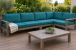 Modular deep-seat outdoor sofa rebuilt with thick teal custom cushions cut to each section