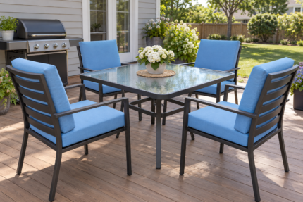 Hampton Bay Salem style dining set with sky blue replacement cushions on slatted steel chairs