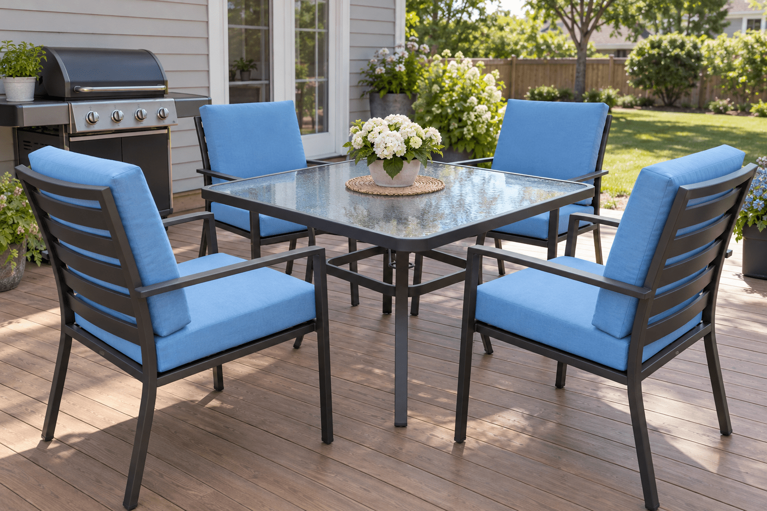 Salem patio seating split across three yard zones with zone-specific cushion specs