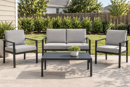 Mainstays Willow Springs style steel-frame patio set with new thin light gray replacement cushions