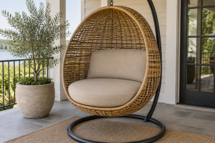 Custom egg chair cushion - a thick round pad filling the basket base of a hanging woven pod shell with a matching back pad against the curve, sand fabric