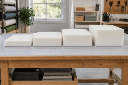 Outdoor cushion foam cores in an ascending thickness ladder from four to eight inches on a cutting table