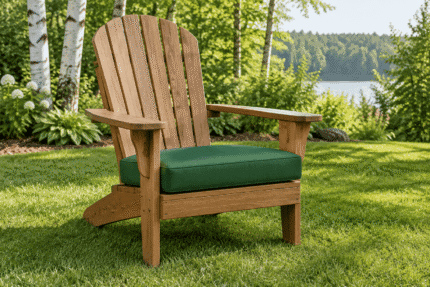 Thick high-density custom patio cushion with seat-edge overhang on a wooden Adirondack chair, forest green