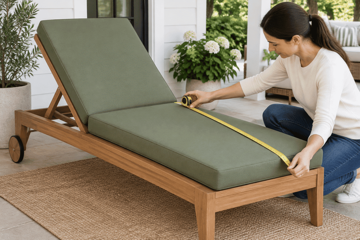 Measuring a one-piece hinged chaise cushion - the tape running along the seat depth with the hinge join visible