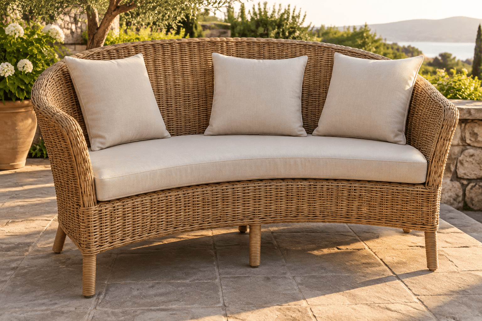 Curved wicker settee with a bowed cushion - the front edge bowing outward to follow the seat curve