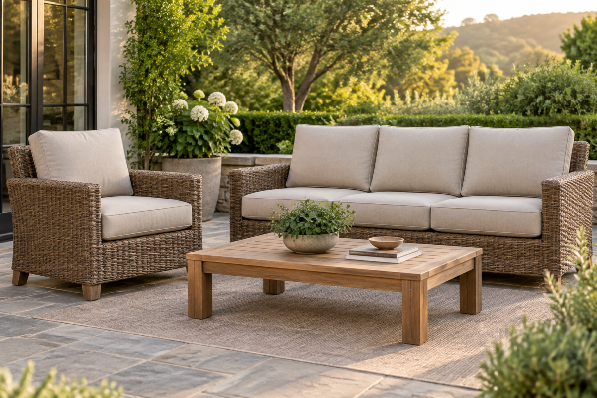 Deep seating patio group with extra-thick custom cushions - a club chair and sofa with tall firm seat pads