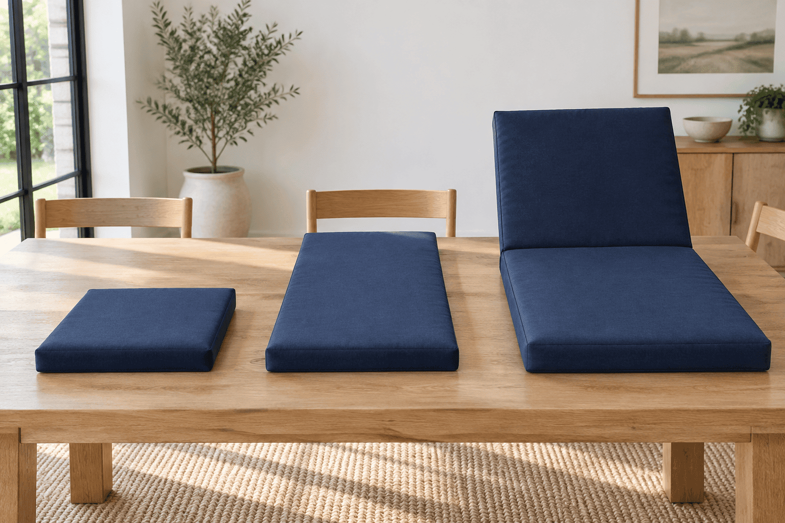 Standard cushion sizes compared - dining chair, bench and lounger pads in the same fabric from small to large