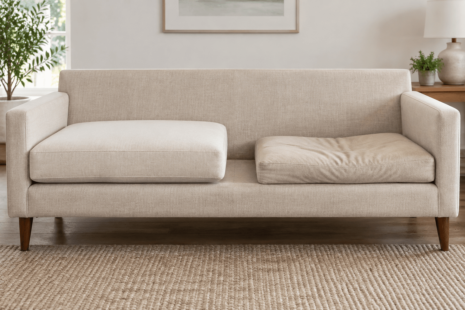 Sofa re-cushioned one seat at a time with custom replacement couch cushions