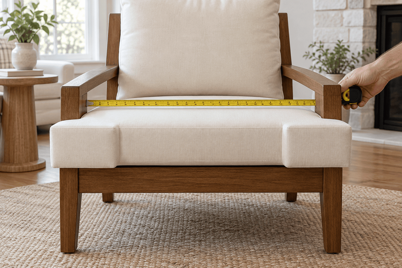 Measuring a T-cushion with a steel tape - the width between the arms of an upholstered club chair, in front of the cushion ears
