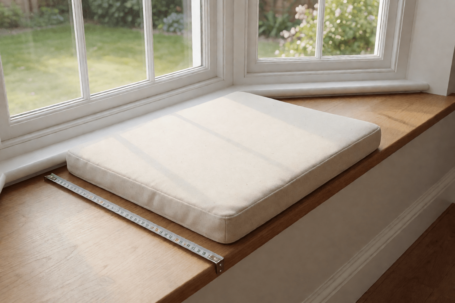 Bay window seat with thick oatmeal cushion pad, tape measure running from the window glass to the front edge of the pad