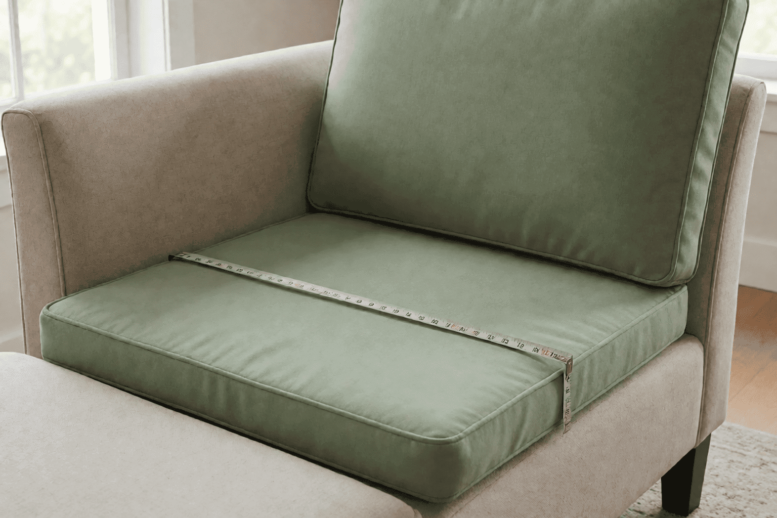 Two-piece chaise lounge cushion set - separate seat pad and back pad on an indoor chaise with a tape measure across the seat width