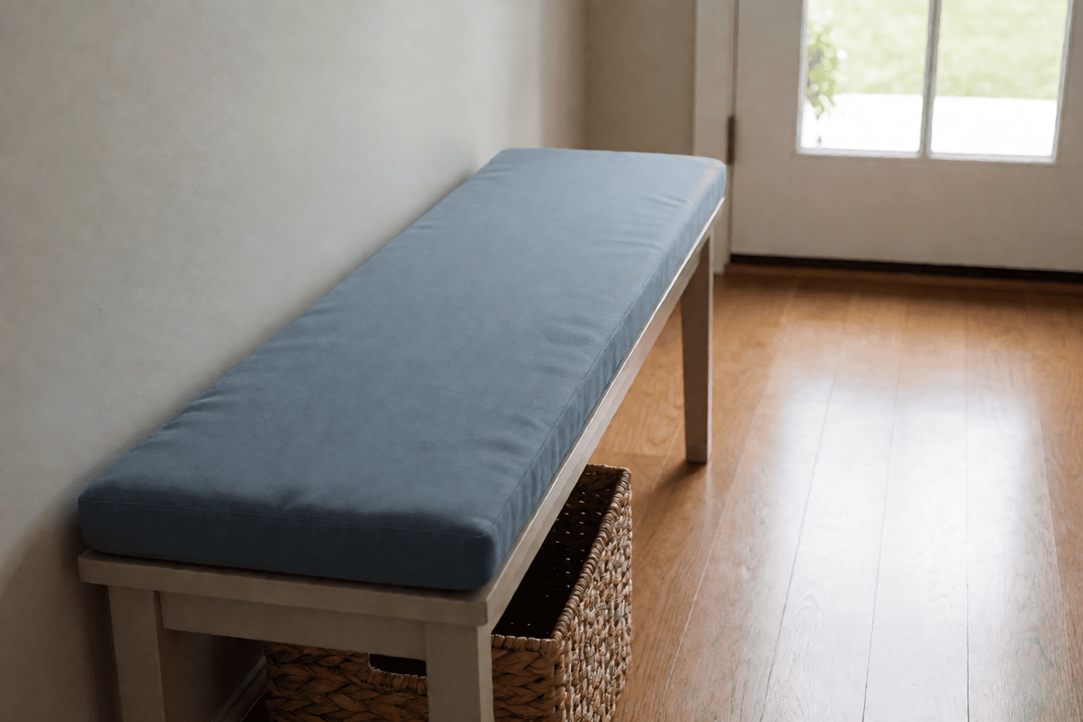 Long entryway hall bench with a single tailored slate blue bench cushion running its full length