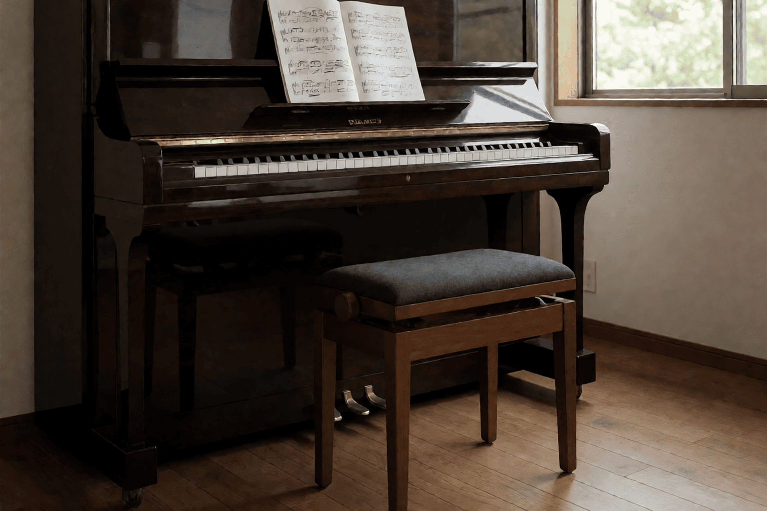 Polished upright piano with its wooden bench fitted with a firm flat charcoal seat pad