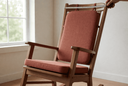 Wooden rocking chair fitted with flat seat pad and tall back pad, tape measure held along the curved back rail