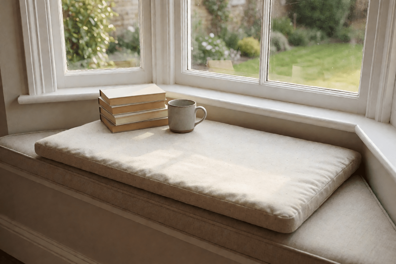 Bay window reading nook with a thick oatmeal cushion pad on the bench, a stack of plain books and a ceramic mug at one end, garden view through the panes