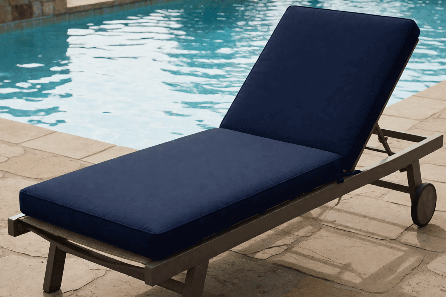 Chaise lounge with hinged back sections, each section carrying its own flat cushion pad following the frame angle in a bright room