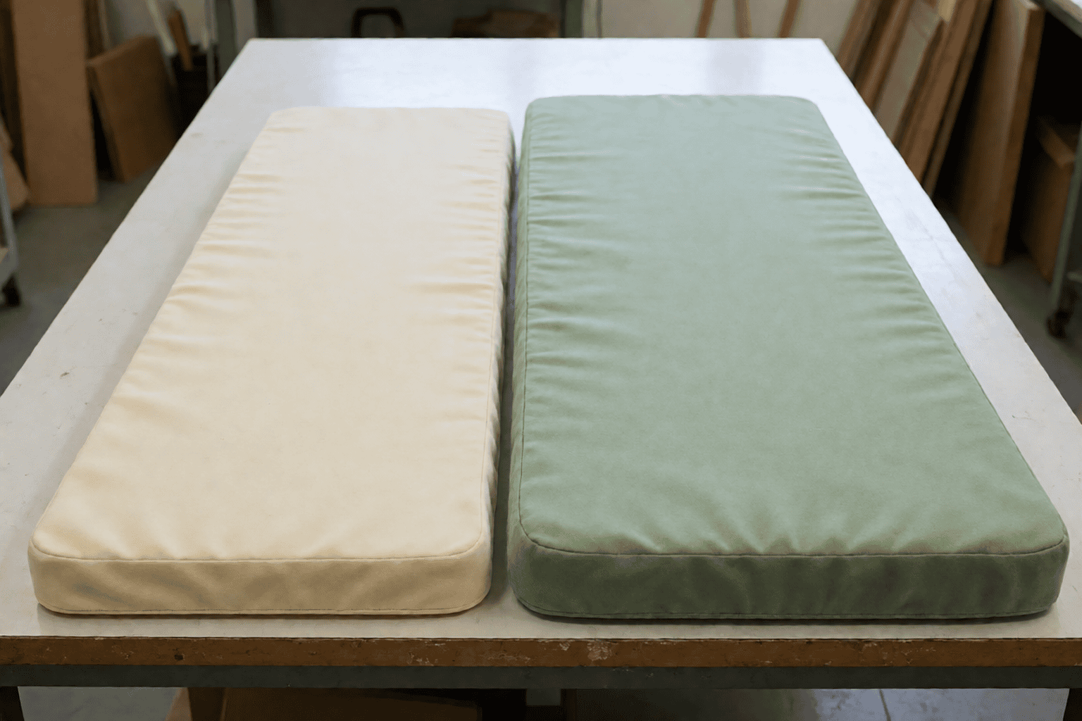 Two chaise lounge seat pads of different thickness lying side by side on an indoor cutting table, one slim cream pad and one thick sage green pad