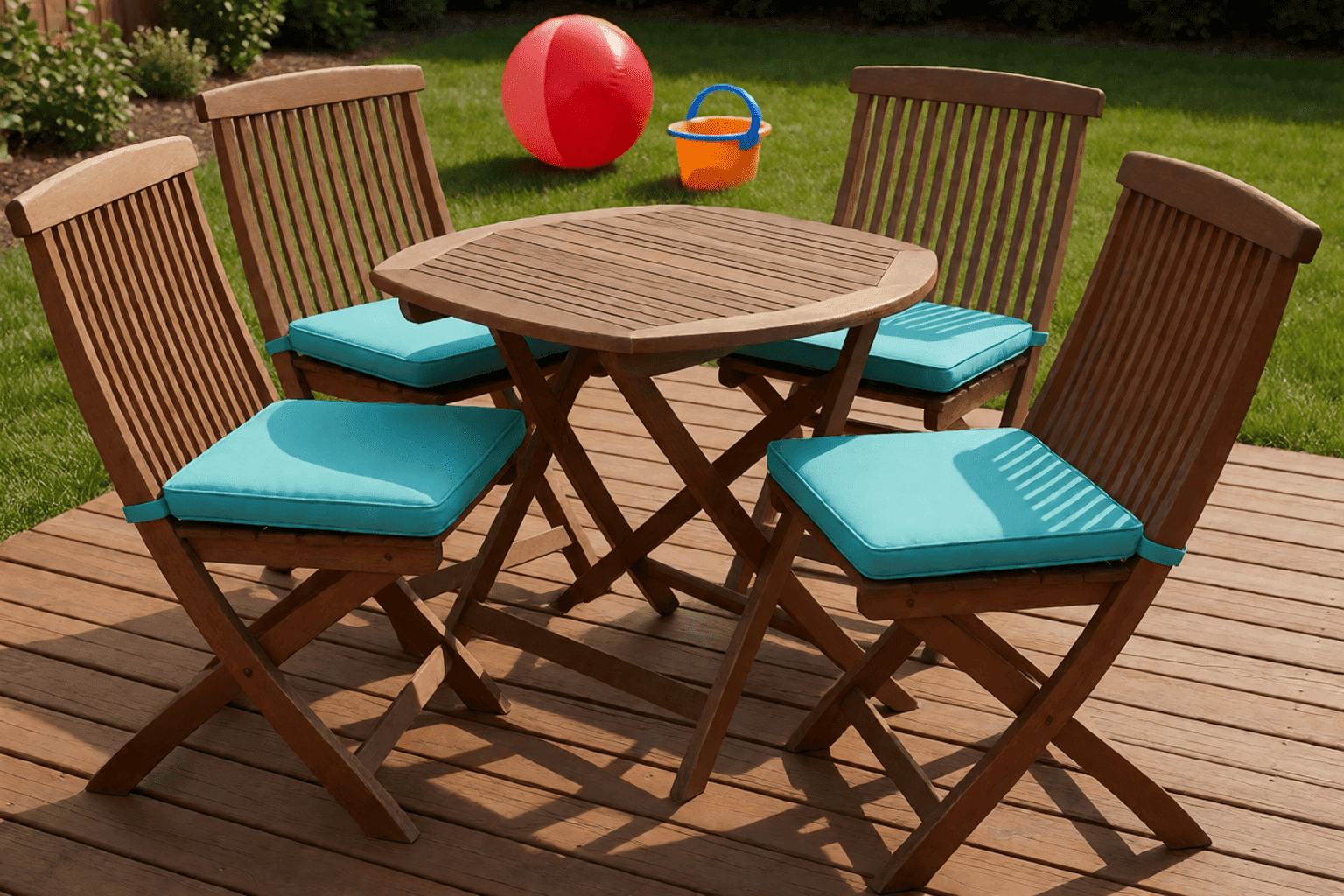 Backyard patio dining set on a wooden deck with flat turquoise seat cushions on slat chairs, bare wooden chair backs, a red beach ball and sand bucket on the grass nearby