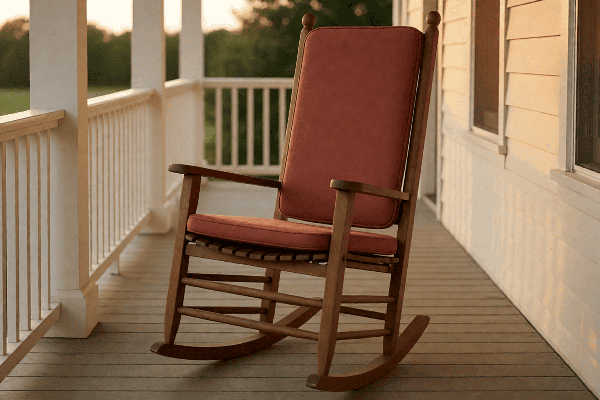 Custom rocking chair cushions on a covered porch rocker